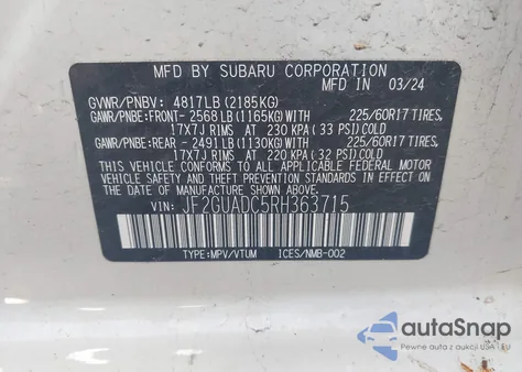 2024 Subaru Crosstrek Premium z USA, uszkodzony, nr VIN JF2GUADC5RH363715